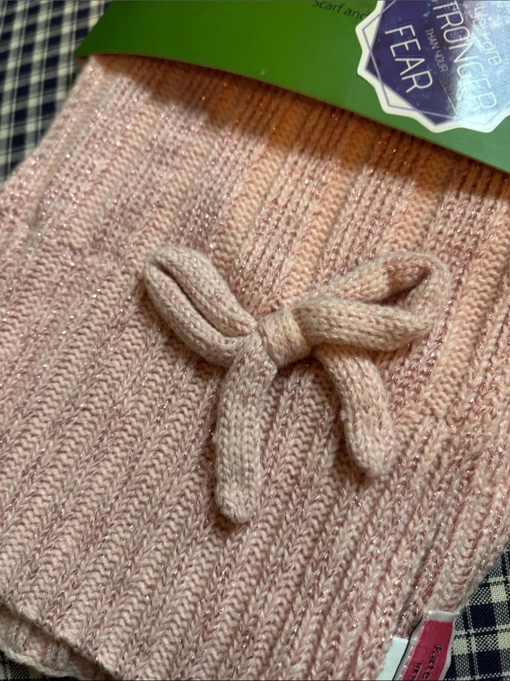 kate spade Pink Ribbed Knit Scarf with Bow Accent
